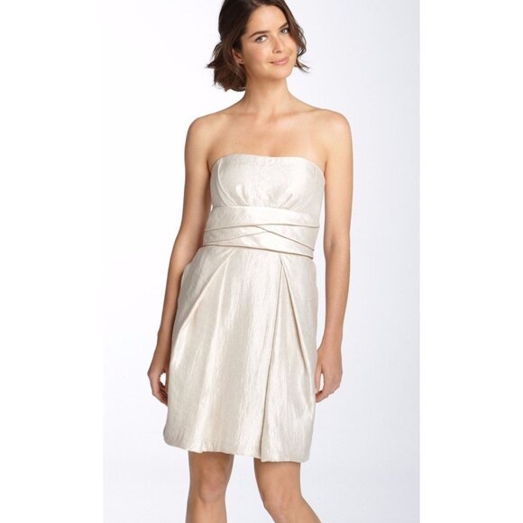 MAX AND CLEO CHAMPAGNE BEIGE PARTY STRAPLESS DRESS WOMENS SIZE 12 POCKETS LINED - Picture 1 of 10